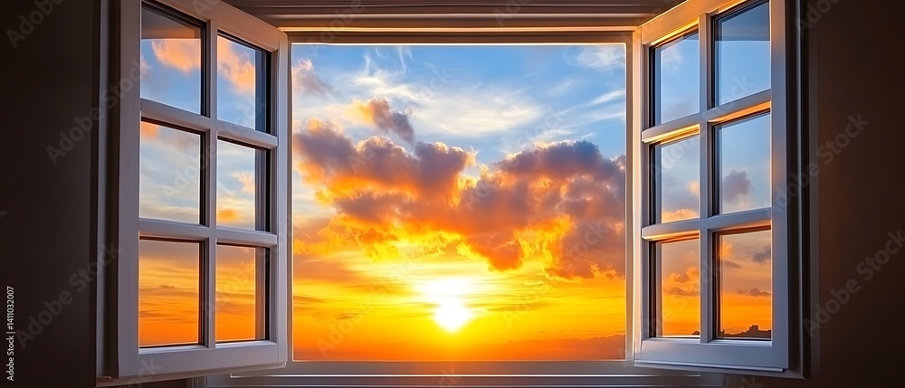 Obraz premium Sunset View Through Open Window