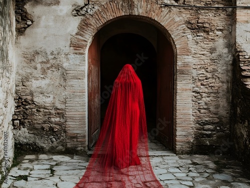 Mysterious Woman in Red Veil Ancient Stone Archway