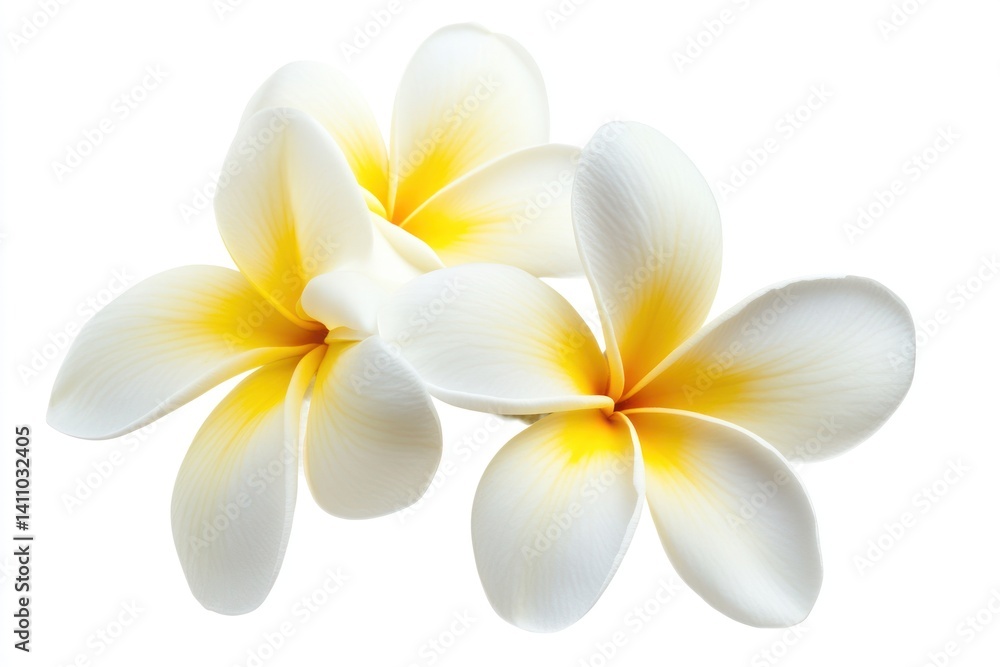 Naklejka premium Fragrant tropical frangipani flowers, each petal delicate, isolated on a white background