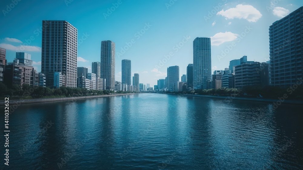 Obraz premium Serene Cityscape: Tokyo's Skyline Reflected on Calm Waters