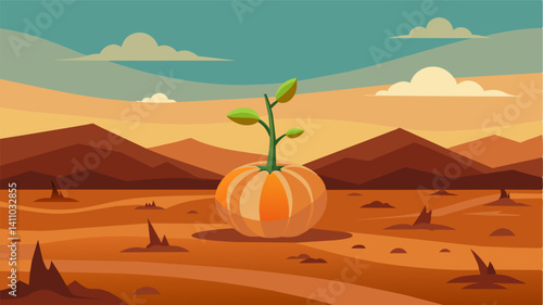 Despite the arid surroundings a determined pumpkin persists representing the ongoing challenge of food production.. Vector illustration