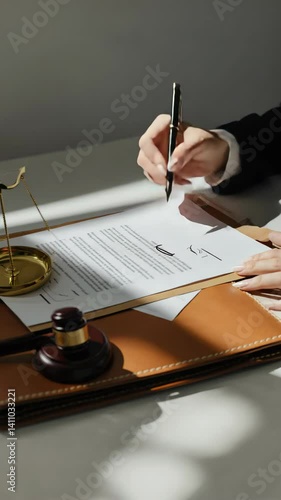 Lawyer signing legal document with a fountain pen next to gavel and scales of justice on a bright neutral colored desk