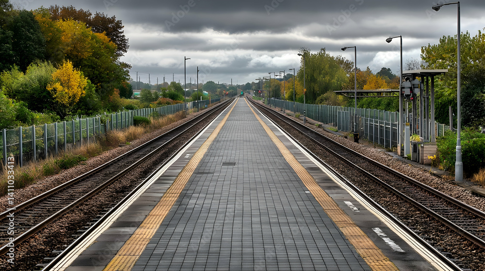 Naklejka premium Empty Train Station Platform At Autumn Day
