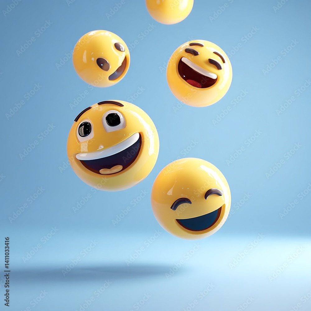 Obraz premium Minimal 3D Yellow Emoji Set – Floating Expressions on Blue Background