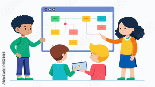 A colorful flowchart displayed on an interactive whiteboard as kids work together to translate it into a functional program.. Vector illustration