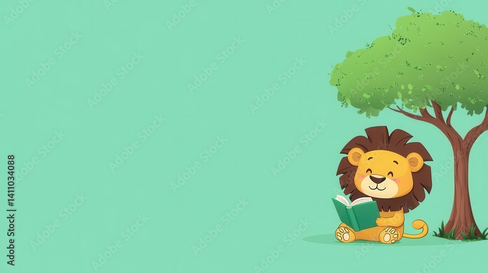 Cute lion reading a book under a tree. Cute lion reading a book under a tree.