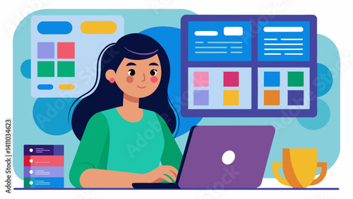 A teenage girl carefully selecting fonts and color palettes for her photography website wanting it to reflect her personal style.. Vector illustration