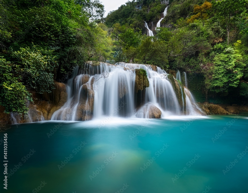 Beautiful waterfall, long exposure of many layers of waterfall to the river with clear blue color water Beautiful waterfall, long exposure of many layers of waterfall to the river with clear blue color water