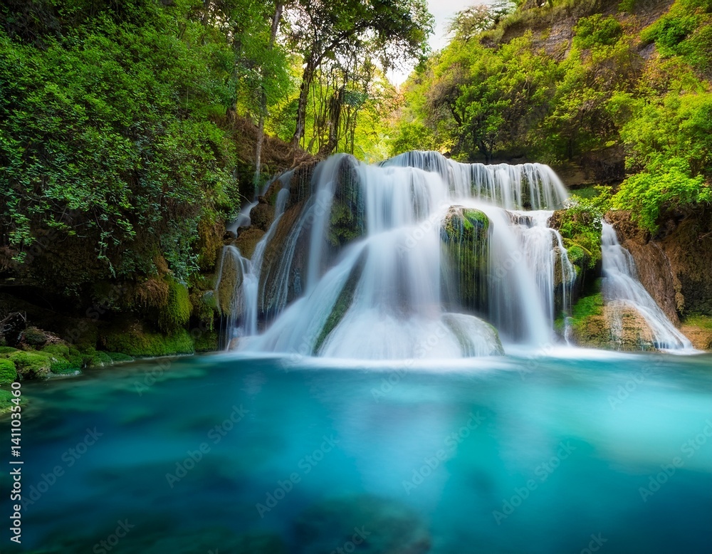Beautiful waterfall, long exposure of many layers of waterfall to the river with clear blue color water Beautiful waterfall, long exposure of many layers of waterfall to the river with clear blue color water