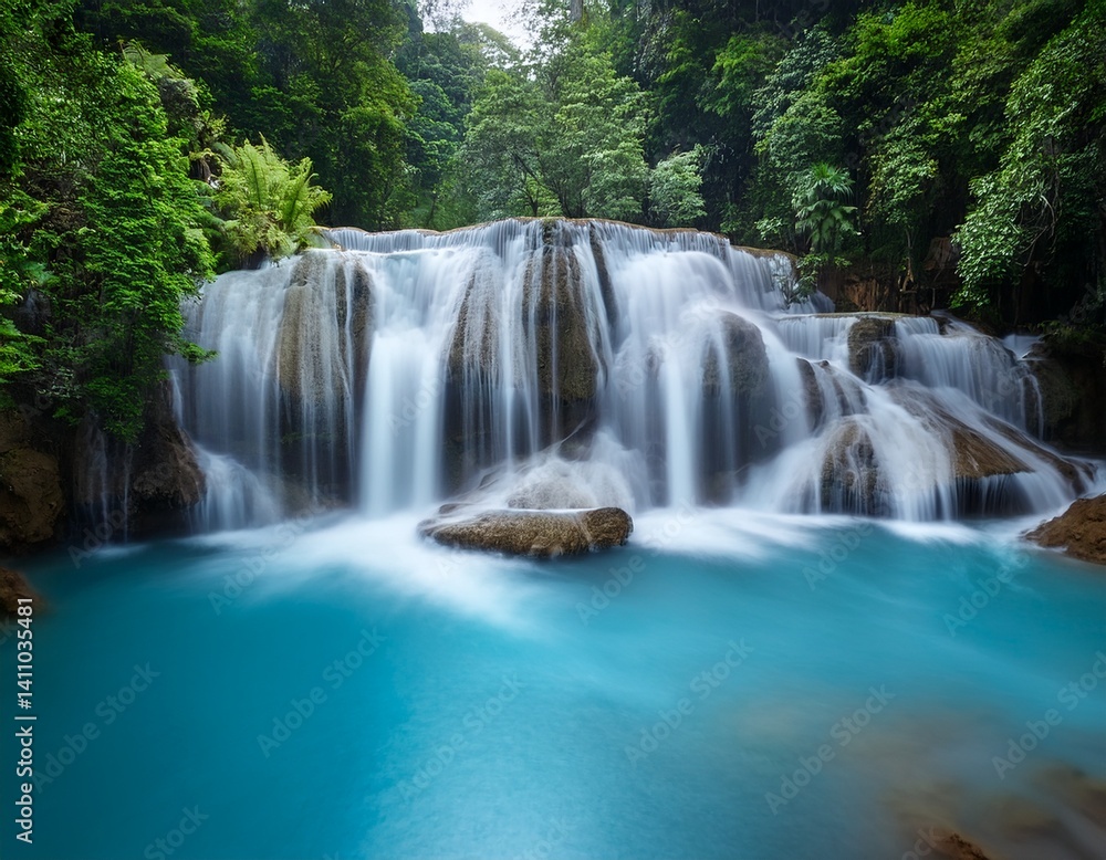 Fototapeta premium Beautiful waterfall, long exposure of many layers of waterfall to the river with clear blue color water