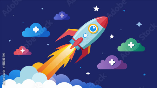 A rocket blasting off into space leaving a trail of social media hashtags and status updates in its wake.. Vector illustration