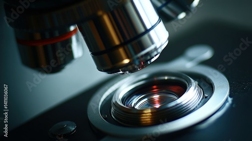 Close-up view of a microscope objective lens.