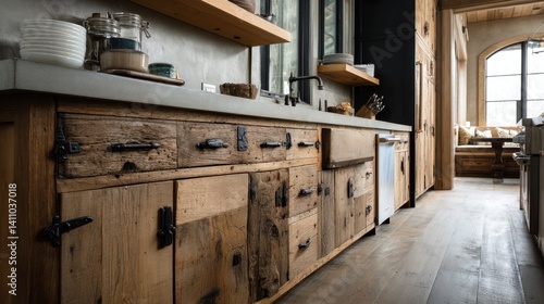 Reclaimed wood kitchen with iron handles and raw finishes