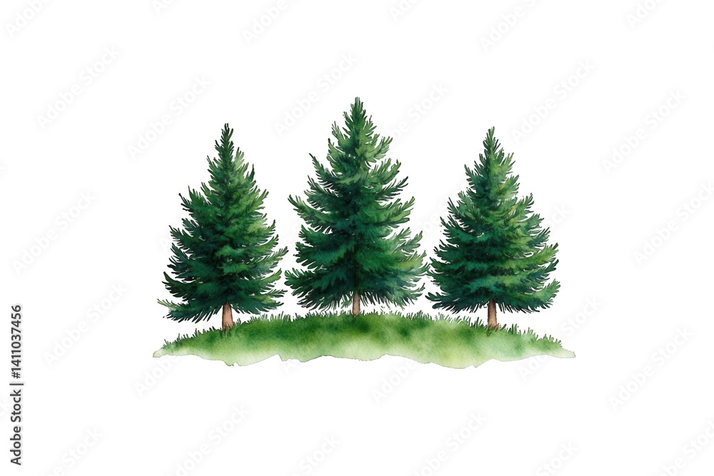 Three lush evergreen trees stand prominently on a grassy hill, showcasing vibrant green needles against a clean white background, creating a serene natural landscape in a simple, artistic style Three lush evergreen trees stand prominently on a grassy hill, showcasing vibrant green needles against a clean white background, creating a serene natural landscape in a simple, artistic style