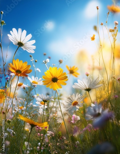 Nature blurred flowers background with wild flowers,