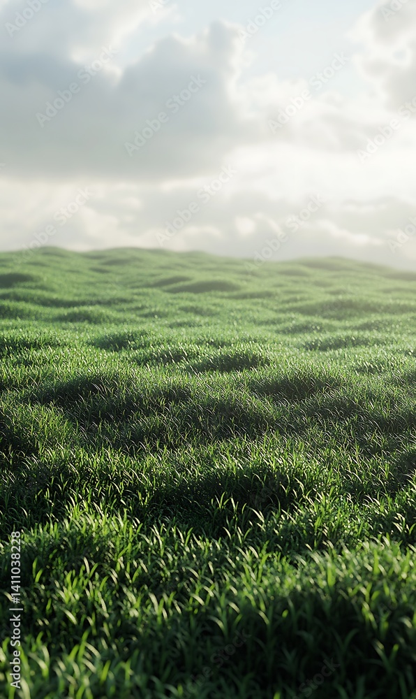 Fototapeta premium Vibrant Green Grass Landscape Under Cloudy Sky Scenery in Detailed Focus View