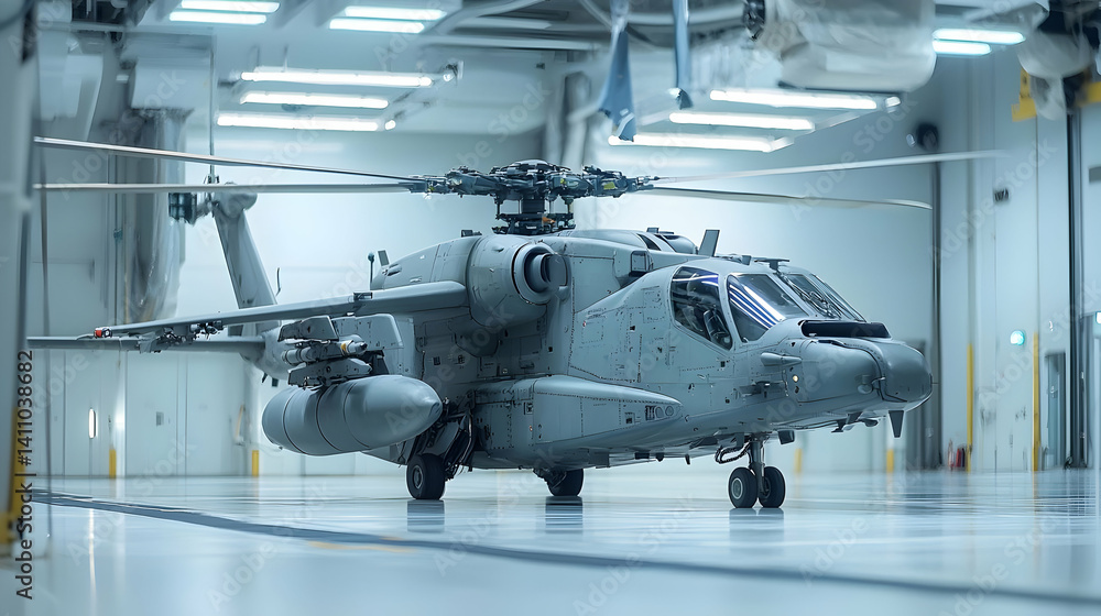 Military Helicopter In Industrial Hangar Military Helicopter In Industrial Hangar