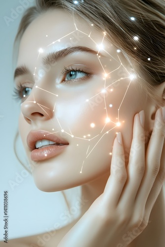 Futuristic Woman with Glowing Facial Network and Digital Light Effects