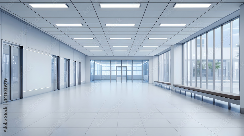 Empty Modern White Hallway With Large Windows And Light Fixtures Empty Modern White Hallway With Large Windows And Light Fixtures
