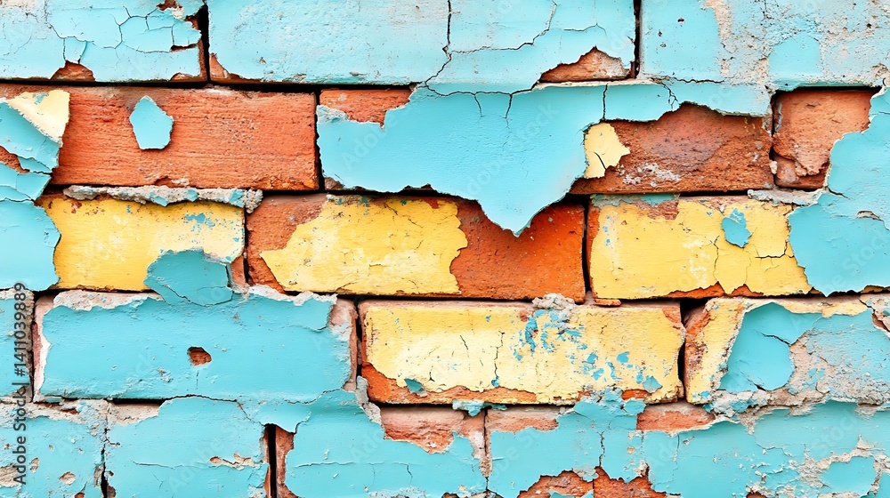 Dilapidated brick wall with peeling paint layers, showcasing aged textures Dilapidated brick wall with peeling paint layers, showcasing aged textures