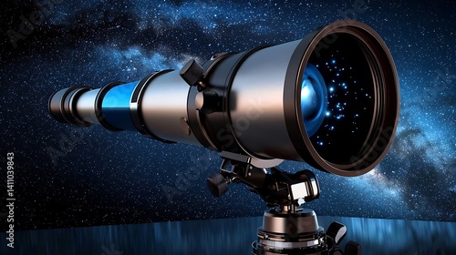 Close-up of a modern telescope against a starry night sky, showcasing its intricate design and features