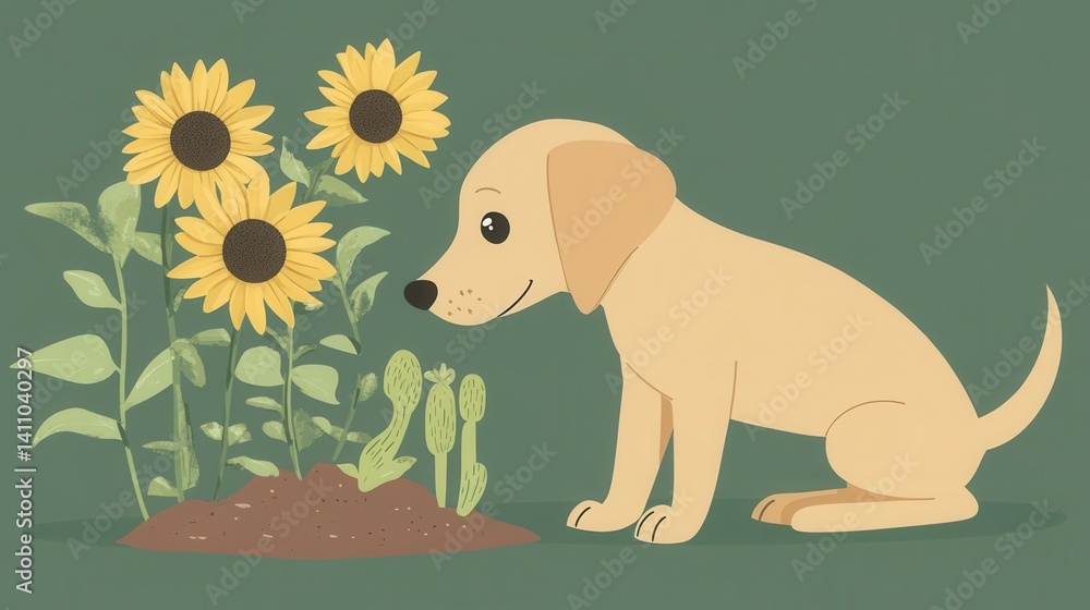 Obraz premium Cute light-yellow dog near sunflowers in the garden.