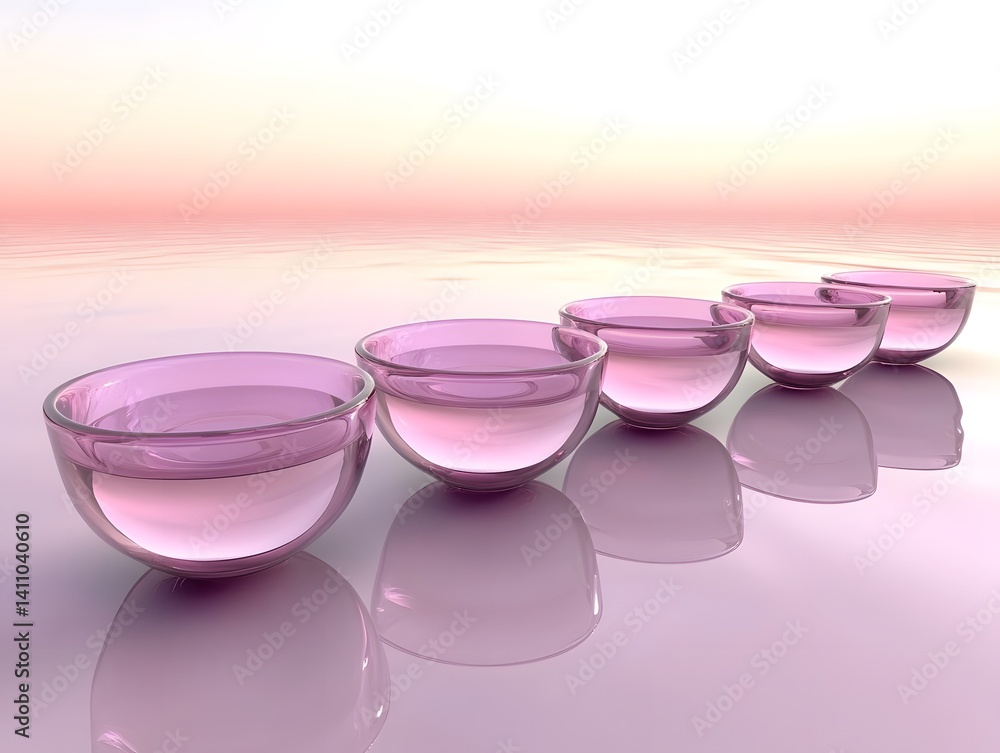 Serene Pink Glass Bowls on Calm Water: Spa Relaxation Image Serene Pink Glass Bowls on Calm Water: Spa Relaxation Image