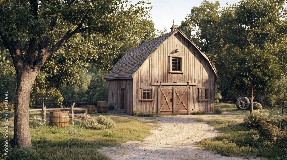 Rustic barn exterior with a charming, weathered look, wooden accents, and traditional country charm.