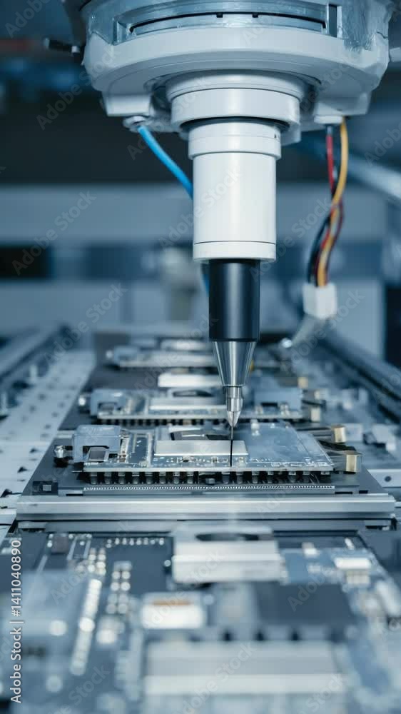 Automated robotic arm accurately placing electronic components on a printed circuit board in a manufacturing environment. Automated robotic arm accurately placing electronic components on a printed circuit board in a manufacturing environment.