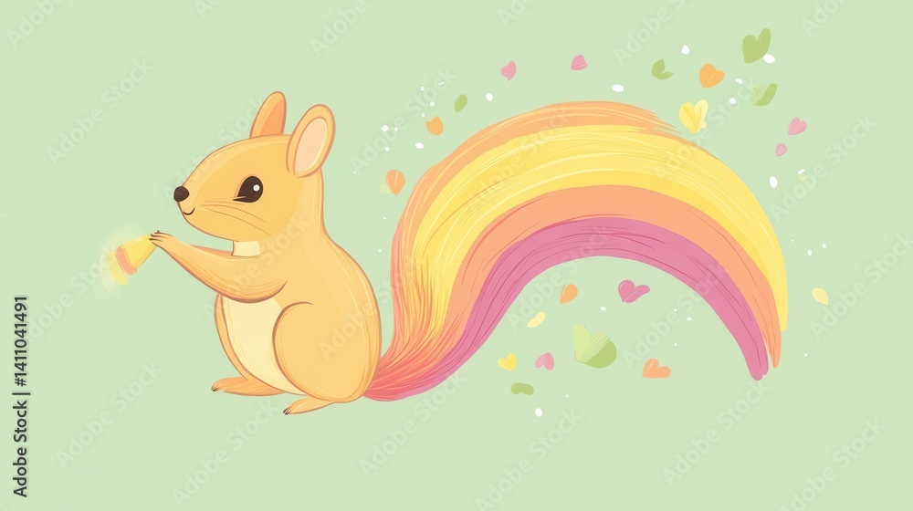 Obraz premium Cute, colorful squirrel with a rainbow tail holding a treat.
