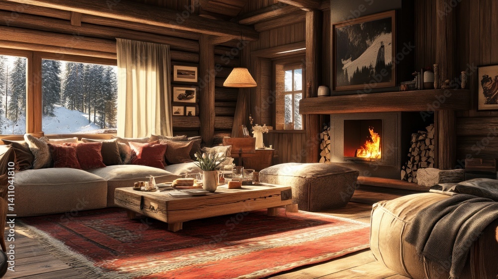 Rustic cabin living room with exposed logs, warm textiles, and a cozy, mountain retreat ambiance. Rustic cabin living room with exposed logs, warm textiles, and a cozy, mountain retreat ambiance.