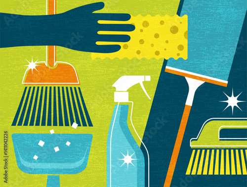Cleaning tools collage in simple flat style. Spring cleaning illustration.
