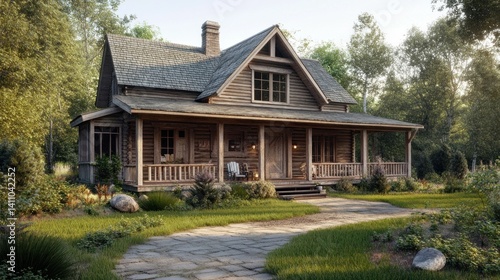 Rustic country exterior with weathered siding, a wrap-around porch, and quaint, charming landscaping.