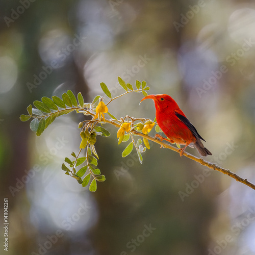 photograph of a Hawaiian 'I'iwi or Scarlet Honeycreeper