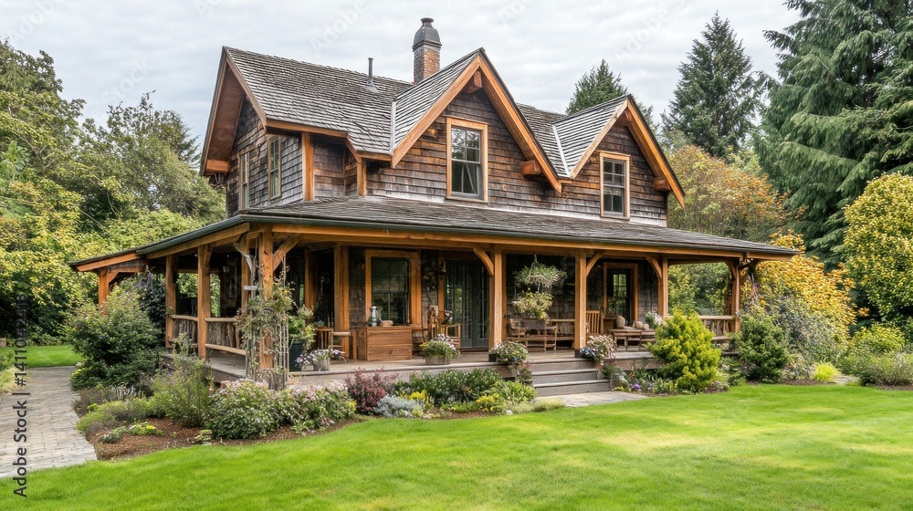 Rustic country exterior with weathered siding, a wrap-around porch, and quaint, charming landscaping. Rustic country exterior with weathered siding, a wrap-around porch, and quaint, charming landscaping.
