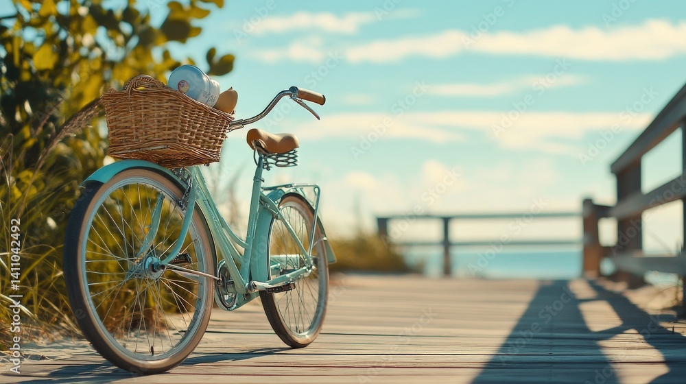 Fototapeta premium A vintage bicycle parked on a boardwalk near the ocean