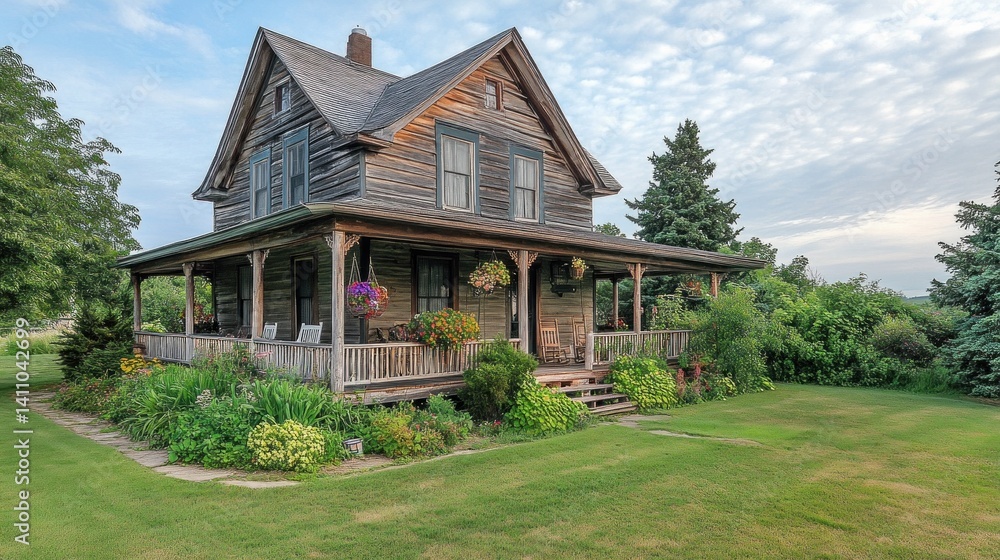 Rustic country exterior with weathered siding, a wrap-around porch, and quaint, charming landscaping.