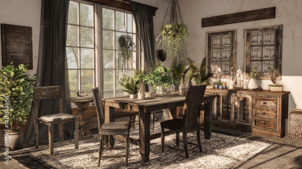 Rustic farmhouse dining room with weathered wood, vintage accents, and a cozy, homey feel.