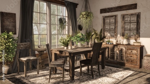 Rustic farmhouse dining room with weathered wood, vintage accents, and a cozy, homey feel.
