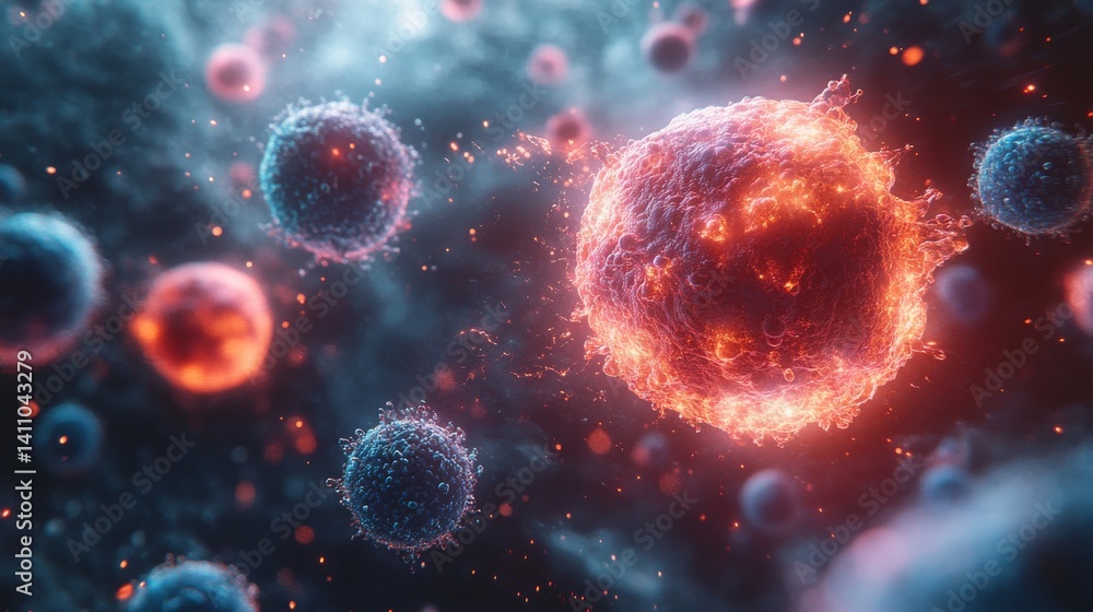 Obraz premium 3D rendering of dendritic cells and macrophage cells attacking cancer cell in human body, microscopic view of malignant tumor cells for medical research, oncology, health science, immunotherapy