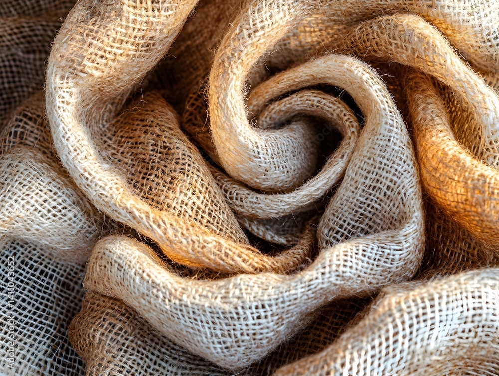 Fototapeta premium Abstract Burlap Texture Background Swirled Beige Brown Hessian Fabric