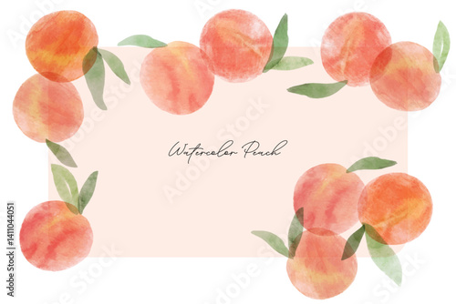 Peach Illustration art watercolor frame. Peach or apricot art pattern. Hand drawn fruit. Summer tropical endless background. Watercolor fruit design for label, fabric, or packaging.