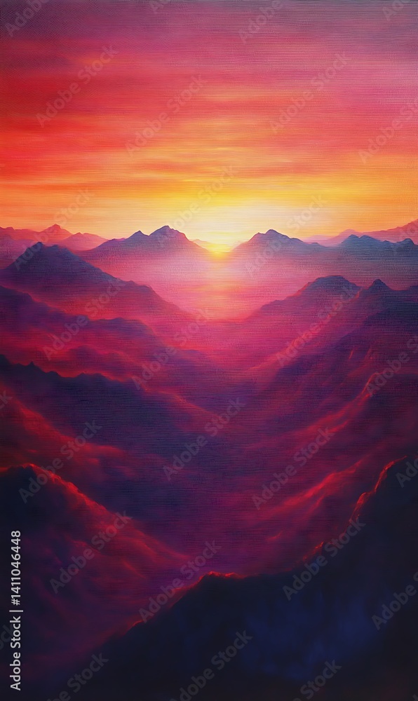 Naklejka premium Scenic Sunset Mountain Landscape with Red Pink Orange Gradient Sky