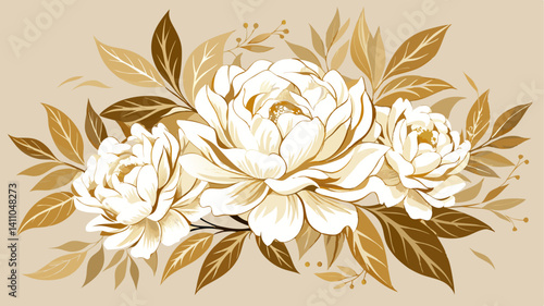 An elegant illustration of three creamy white peony-like flowers surrounded by stylized leaves in shades of brown and beige.