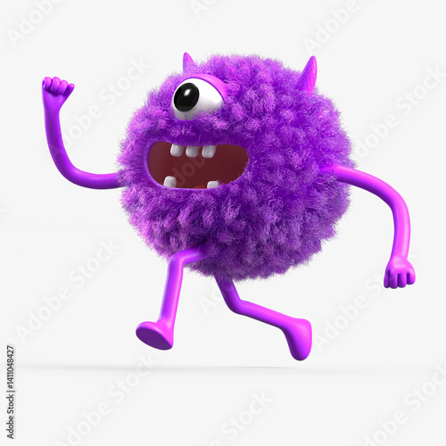 Fluffy, cute monster joyfully running, symbolizing happiness or excitement. 3D rendering, conceptual image. Isolated on white background.