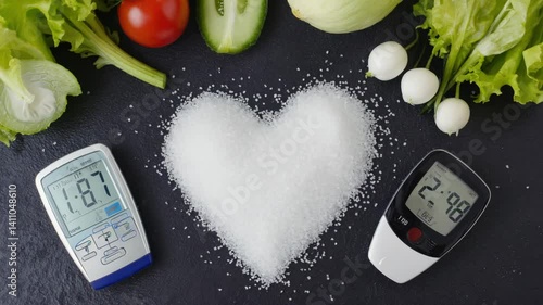 Healthy food choices and blood glucose monitoring with fresh vegetables and blood sugar meters on dark background, heart shape of sugar.