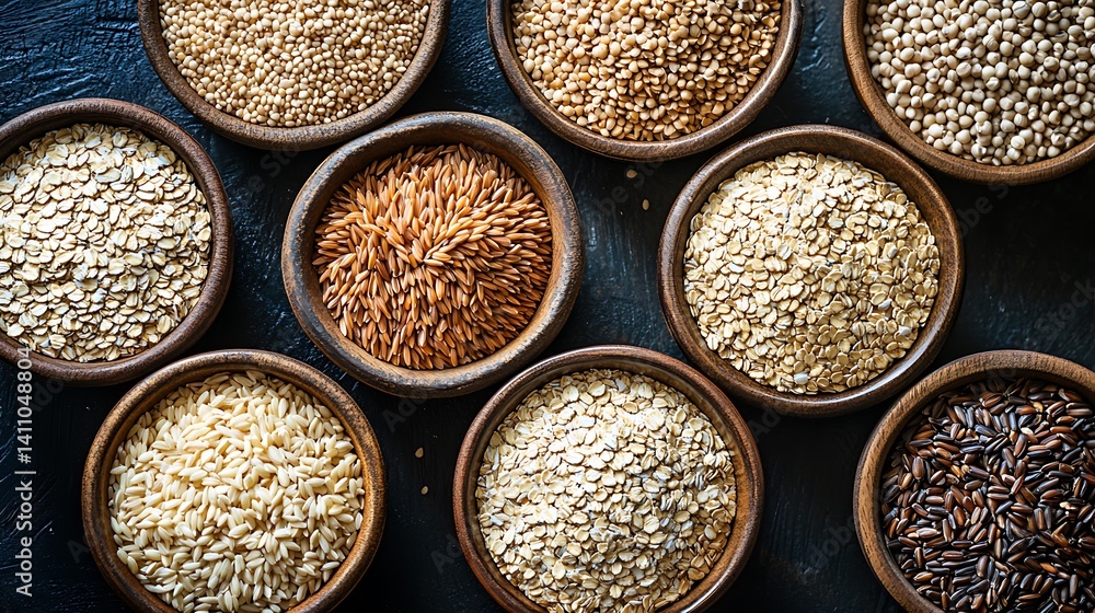 Assortment of Grains and Seeds in Wooden Bowls Assortment of Grains and Seeds in Wooden Bowls