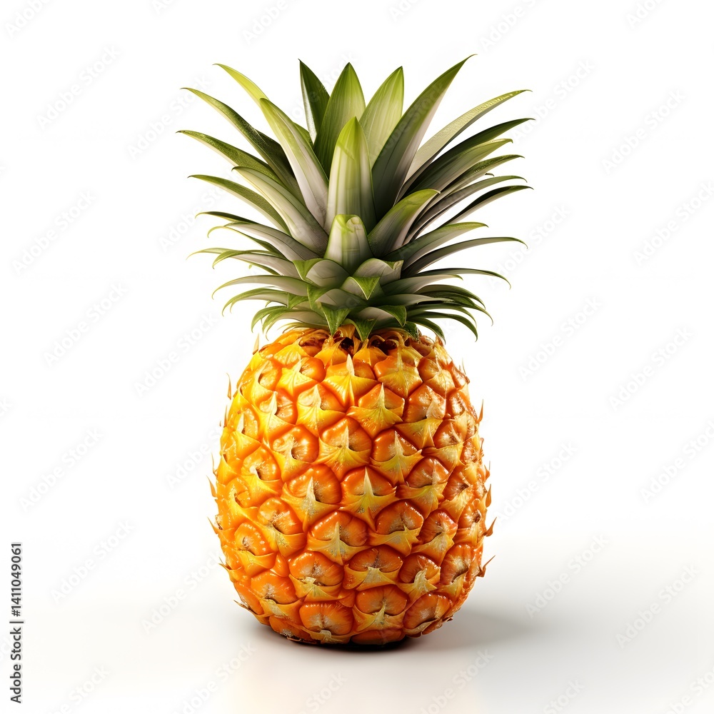 Fototapeta premium A single ripe pineapple with a textured yellow-orange skin and a leafy crown, placed on a plain white background, 