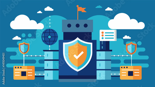 A virtual bastion protected by layers of data encryption and realtime threat monitoring.. Vector illustration