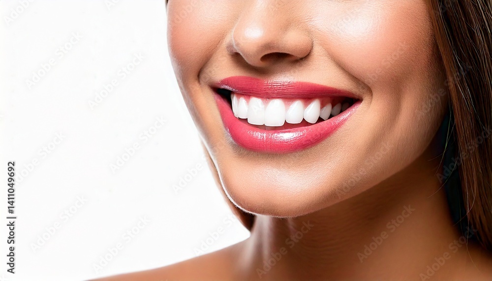 Smiling woman close up with perfect whitened teeth, dental implants Smiling woman close up with perfect whitened teeth, dental implants